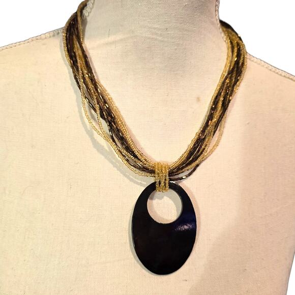 Multistrand Beaded Statement Necklace Gold Brown Black Pendant Adjustable Chunky - Picture 2 of 8